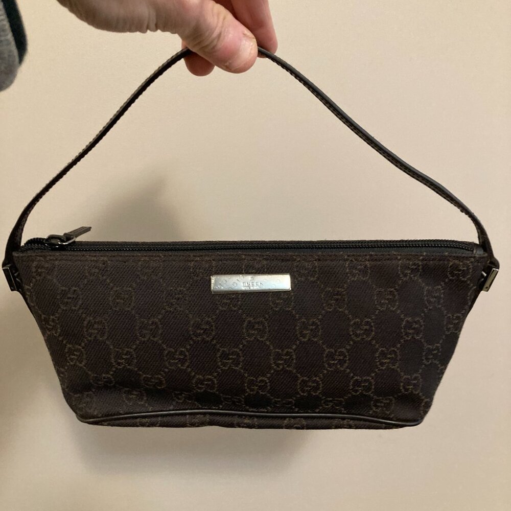 ⭐️ Authentic⭐️ Gucci GG Monogram Dark Brown Canvas & Leather Pochette Bag - Picture 3 of 10